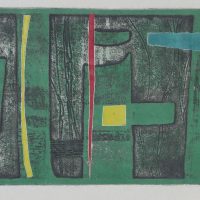 George Wallace - Dark Green Cliff, 1955, soft ground & deep etch, dark green proof with colour overlays