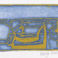 George Wallace - Pit Workings, 1956, deep etch, (1982 pull, blue/grey intaglio with yellow/orange relief)