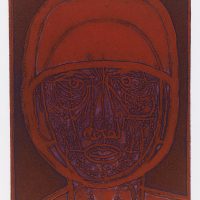 George Wallace - Man in a Helmet #2, 1956, deep etch & aquatint, (1988 pull, purple intaglio rolled in scarlet)