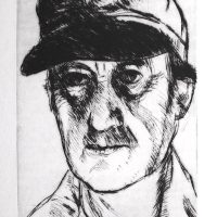 George Wallace - Self Portrait in Pipe Welders Cap - drypoint - 1973